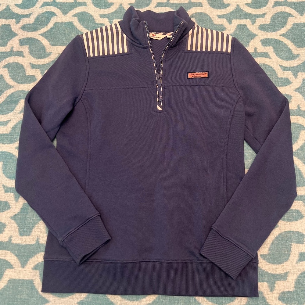 Navy Half-Zip Pullover Top with Striped Shoulder Detail